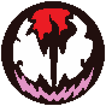 La mascota de Carnage: una cara de estilo pixel art dentro de un círculo negro, con ojos blancos grandes, una mancha roja en la frente y una boca rosa de dientes afilados.