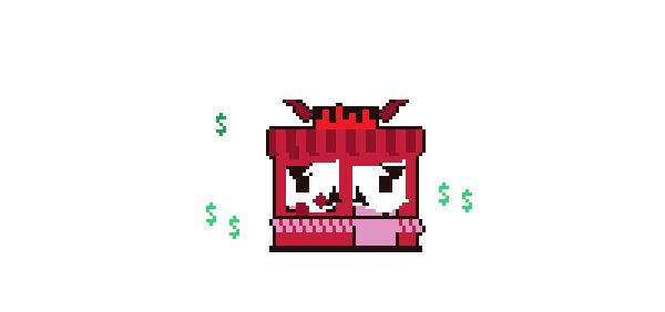 Animación: la mascota de Carnage saca tentáculos granates hacia un pequeño comercio, se funde con él y el local acaba con los ojos y los cuernos de la mascota mientras suben símbolos de dólar verdes.
